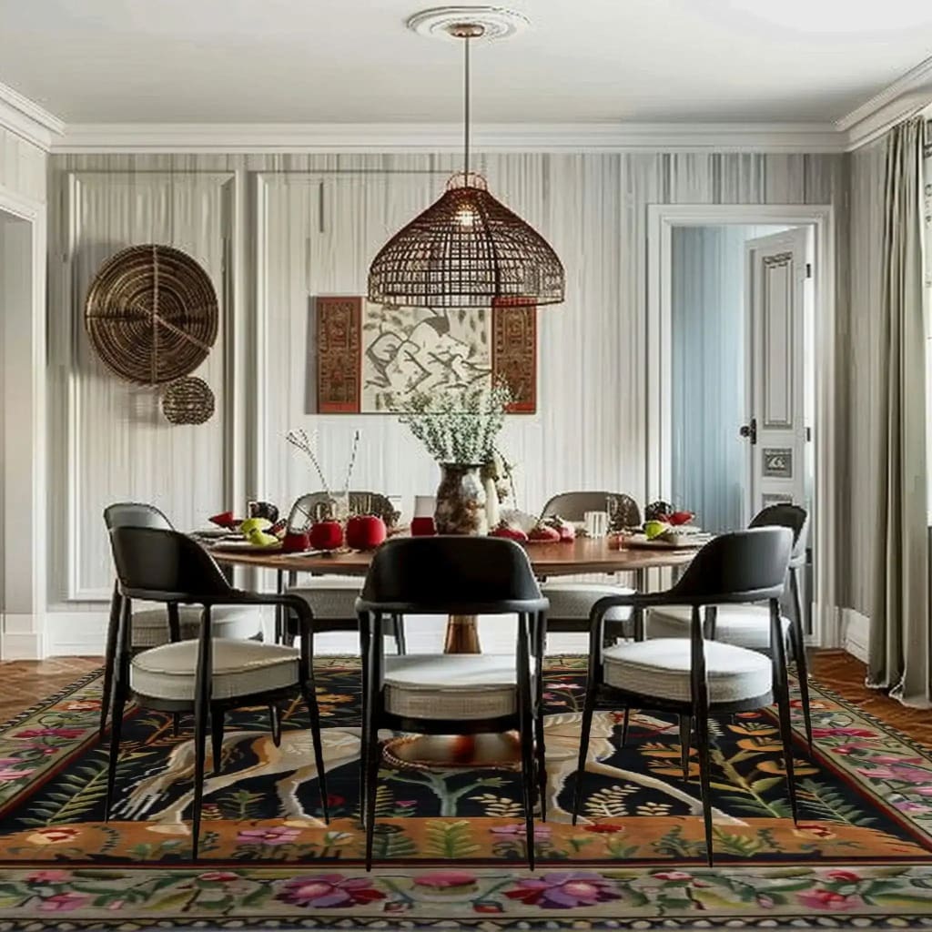 Elegant dining room featuring a Horse & Blossom Wool Hand Knotted Area Rug. This square area rug showcases a vibrant floral and animal pattern, perfect for adding warmth to living room and dining room spaces. Ideal for office settings as well, this Persian-style wool rug complements the modern decor with its intricate design.
