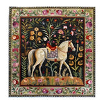 Charming Horse & Blossom Wool Hand Knotted Area Rug featuring a detailed depiction of a horse amidst vibrant floral patterns, ideal for enhancing your dining room, office, or living space. This square area rug, reminiscent of Persian rugs, offers a touch of elegance and warmth with its rich wool texture.