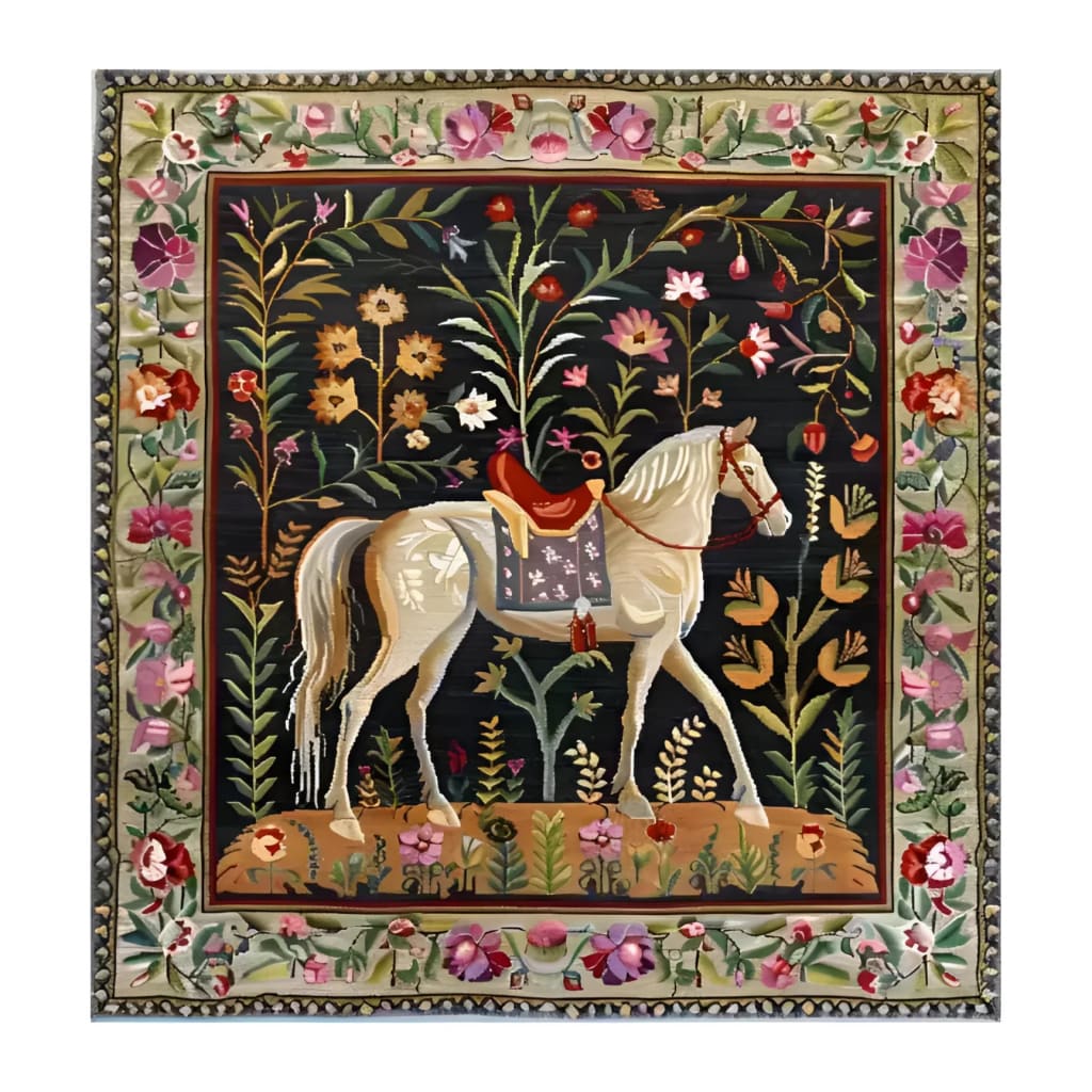 Charming Horse & Blossom Wool Hand Knotted Area Rug featuring a detailed depiction of a horse amidst vibrant floral patterns, ideal for enhancing your dining room, office, or living space. This square area rug, reminiscent of Persian rugs, offers a touch of elegance and warmth with its rich wool texture.