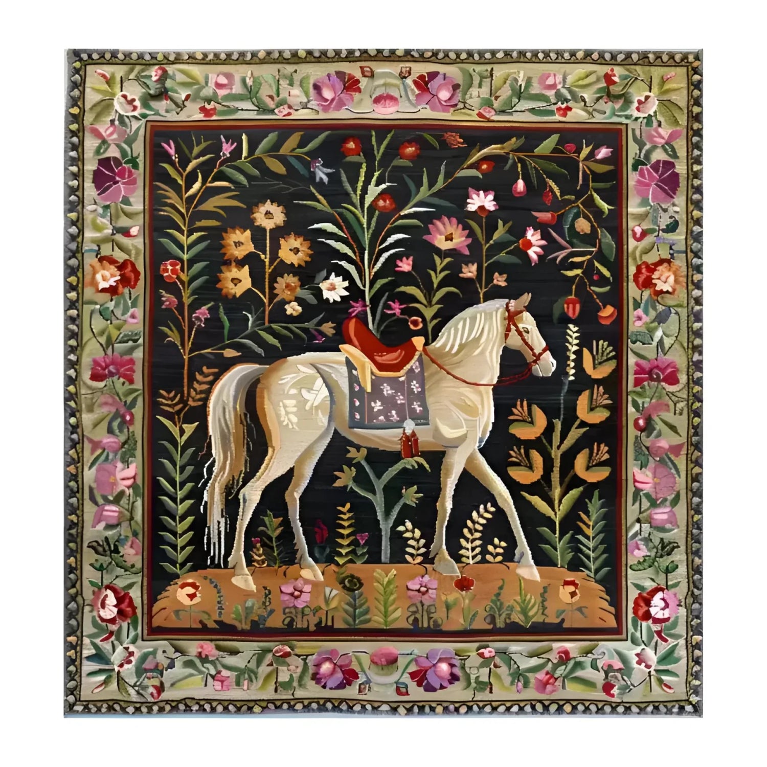 Charming Horse & Blossom Wool Hand Knotted Area Rug featuring a detailed depiction of a horse amidst vibrant floral patterns, ideal for enhancing your dining room, office, or living space. This square area rug, reminiscent of Persian rugs, offers a touch of elegance and warmth with its rich wool texture.