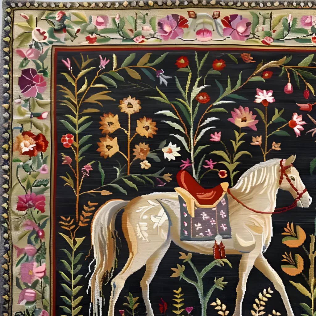 Close-up of a Horse & Blossom Wool Hand Knotted Area Rug showcasing intricate floral and horse patterns. Perfect for dining rooms, offices, or as a statement piece in living room and dining room spaces. This square rug features vibrant colors and detailed designs, reminiscent of Persian rugs, making it an ideal wool rug for any elegant setting.