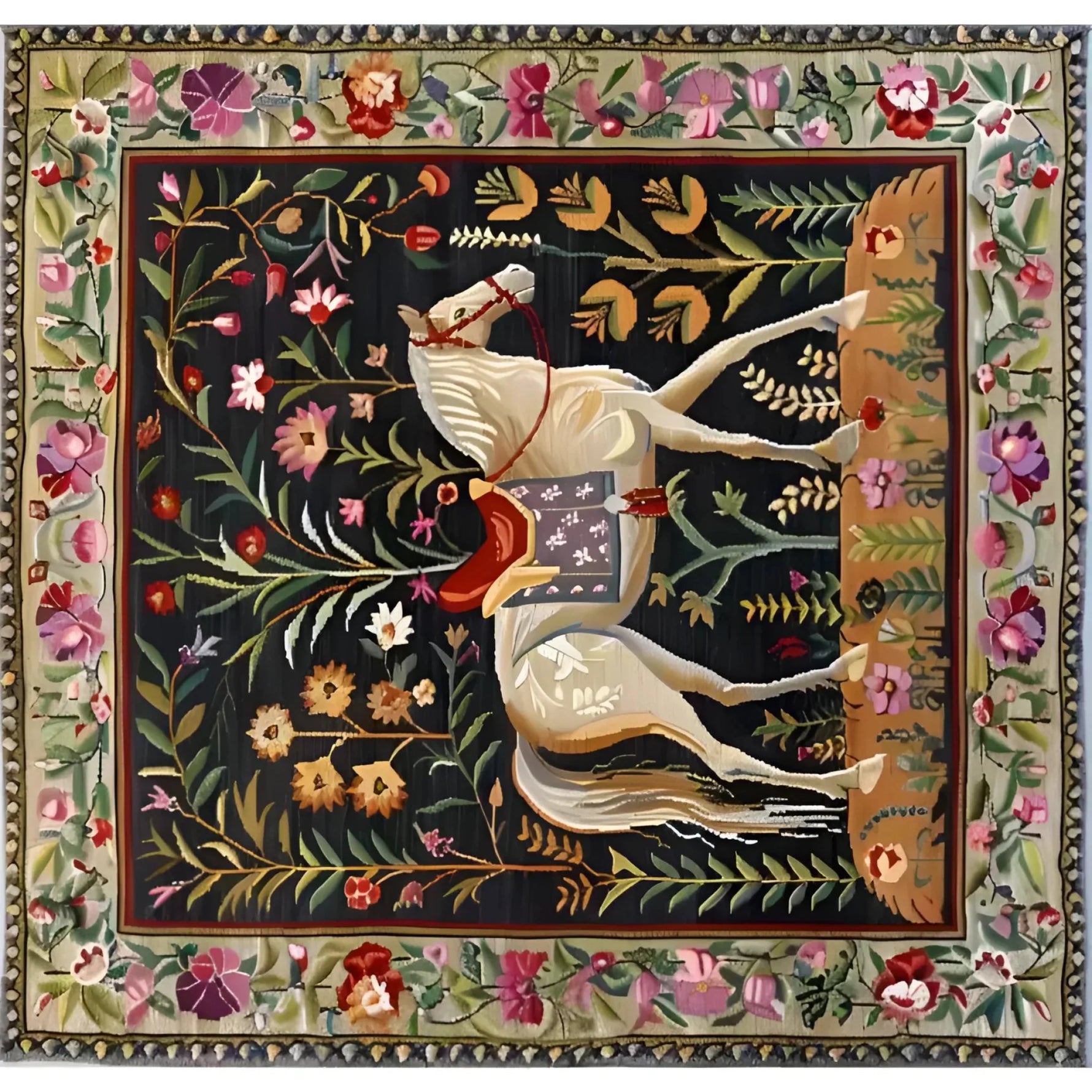 Elegant Horse & Blossom Wool Hand Knotted Area Rug featuring a vibrant floral and horse design, ideal for adding a touch of luxury to your dining room or office. This square rug, inspired by Persian motifs, is perfect for those seeking a unique wool rug for living room and dining room settings. Enhance your space with this exquisite square area rug, perfect for rugs for office use.