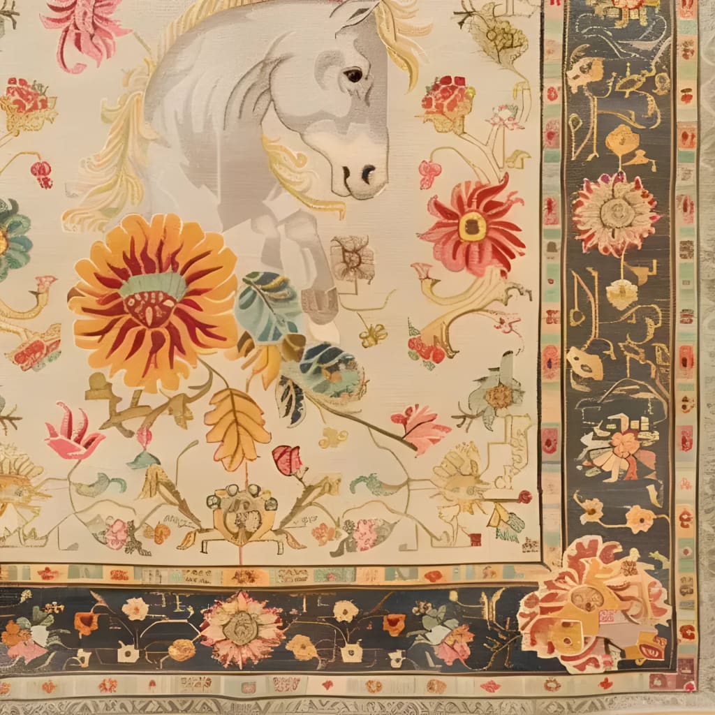 A beautifully detailed hand-knotted area rug featuring a stunning horse and floral design, perfect for adding elegance to living room spaces. This Persian-style rug in an 8x10 size showcases intricate patterns with vibrant colors, ideal for those seeking a unique floral rug among living room area rugs.