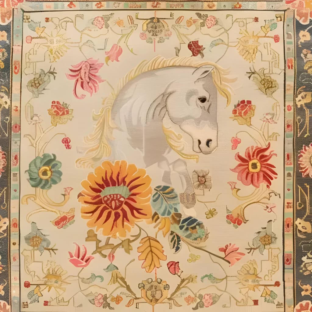 A beautifully hand-knotted area rug featuring an intricate design of a horse surrounded by vibrant floral patterns. This exquisite piece is ideal for those seeking living room area rugs or Persian rugs. Its rich colors and detailed craftsmanship make it a standout floral rug, perfect for adding a touch of elegance to any living room, especially in an 8x10 size.