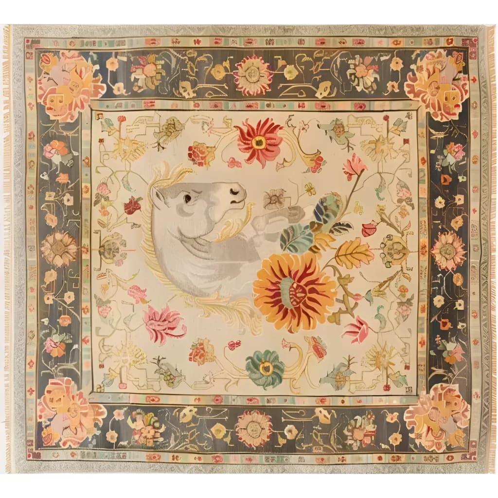 A stunning Horse & Petal Tapestry Hand Knotted Area Rug featuring a detailed floral design with a horse motif in the center. This elegant piece, perfect for living room area rugs, showcases vibrant colors and intricate patterns reminiscent of Persian rugs. The 8x10 size makes it an ideal choice for adding a touch of sophistication to any living space.