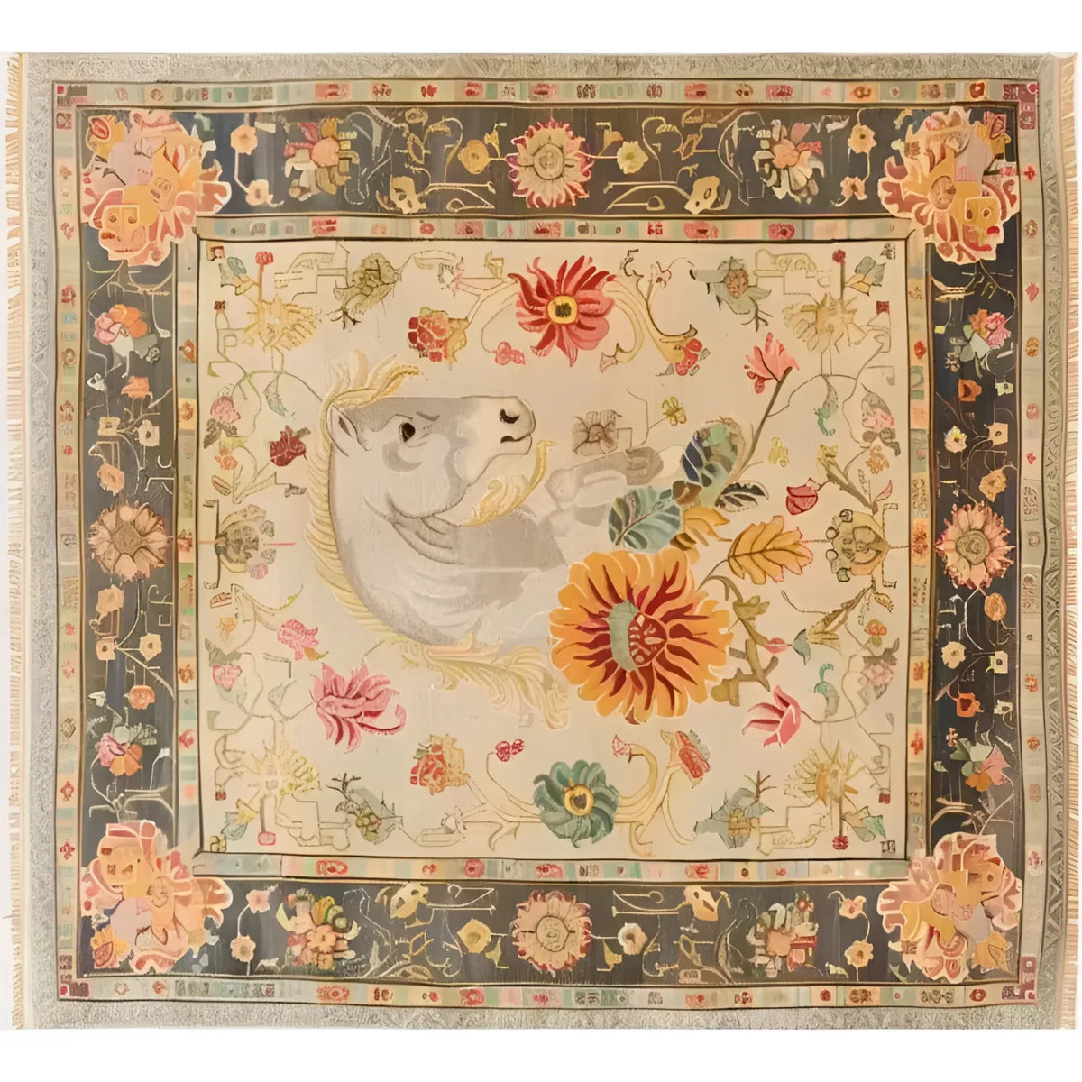 A stunning Horse & Petal Tapestry Hand Knotted Area Rug featuring a detailed floral design with a horse motif in the center. This elegant piece, perfect for living room area rugs, showcases vibrant colors and intricate patterns reminiscent of Persian rugs. The 8x10 size makes it an ideal choice for adding a touch of sophistication to any living space.