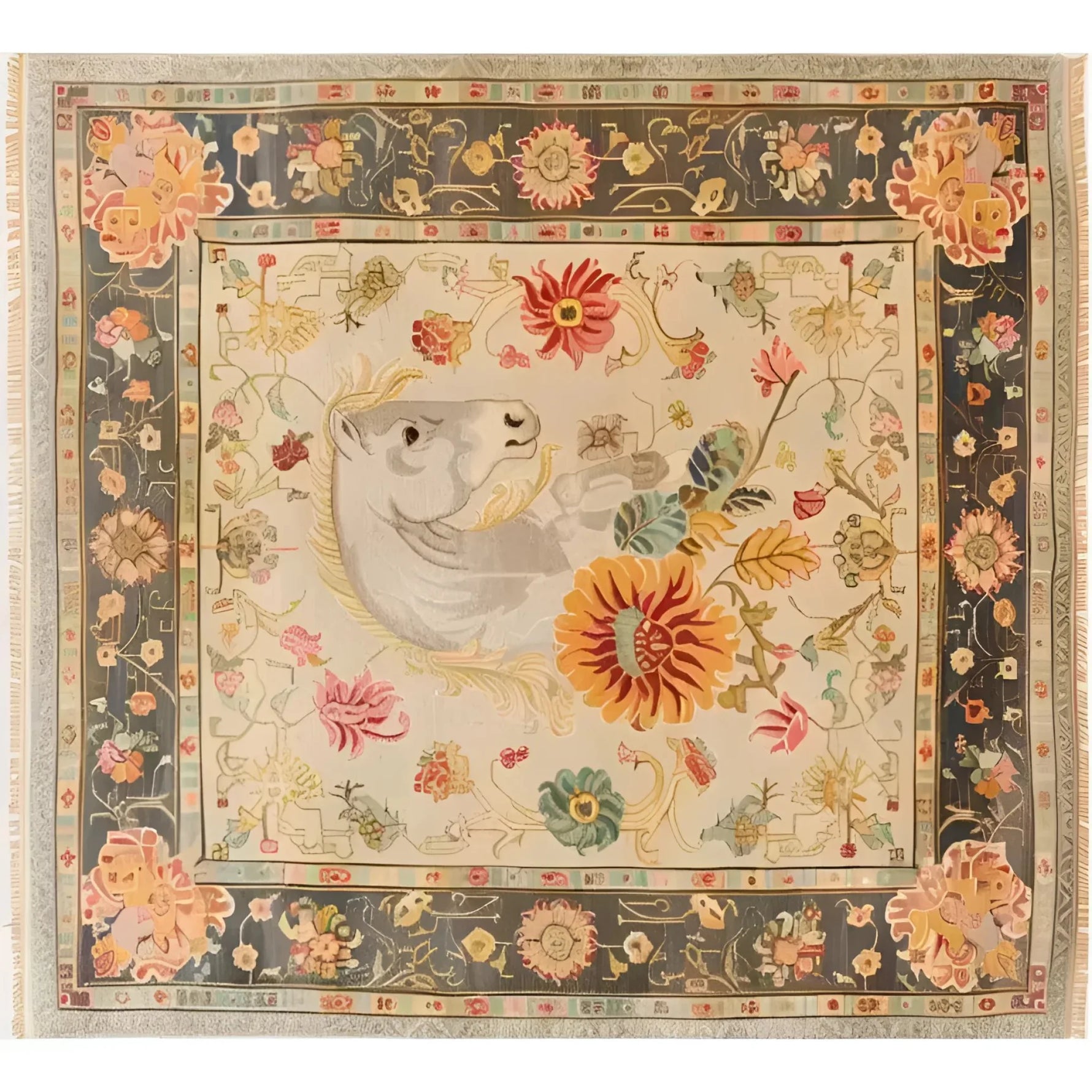 A stunning Horse & Petal Tapestry Hand Knotted Area Rug featuring a detailed floral design with a horse motif in the center. This elegant piece, perfect for living room area rugs, showcases vibrant colors and intricate patterns reminiscent of Persian rugs. The 8x10 size makes it an ideal choice for adding a touch of sophistication to any living space.