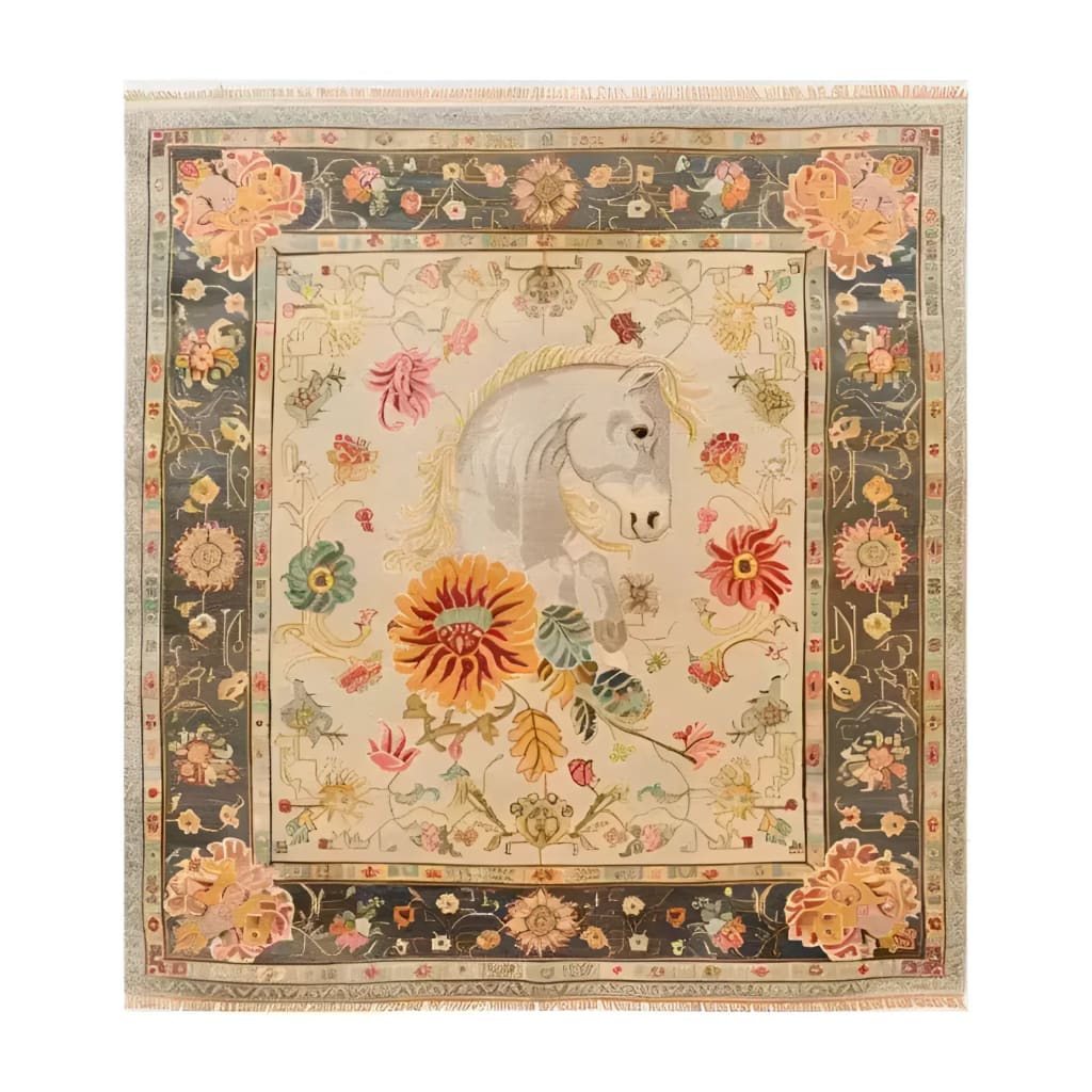 The Horse & Petal Tapestry Hand Knotted Area Rug showcases a stunning blend of floral patterns with a majestic horse design. Perfect for adding a touch of elegance to your living room, this 8x10 Persian-style rug features intricate details and vibrant colors, making it a standout piece among living room area rugs.