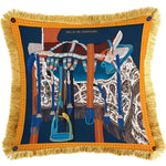 Horse saddle velvet throw pillow with fringes in orange, featuring intricate designs and vibrant colors, perfect for adding a touch of elegance to any space.