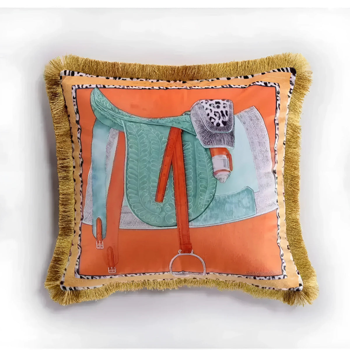 Decorative throw pillow featuring a horse saddle design with fringes, perfect for adding a pop of color and elegance to your home decor.