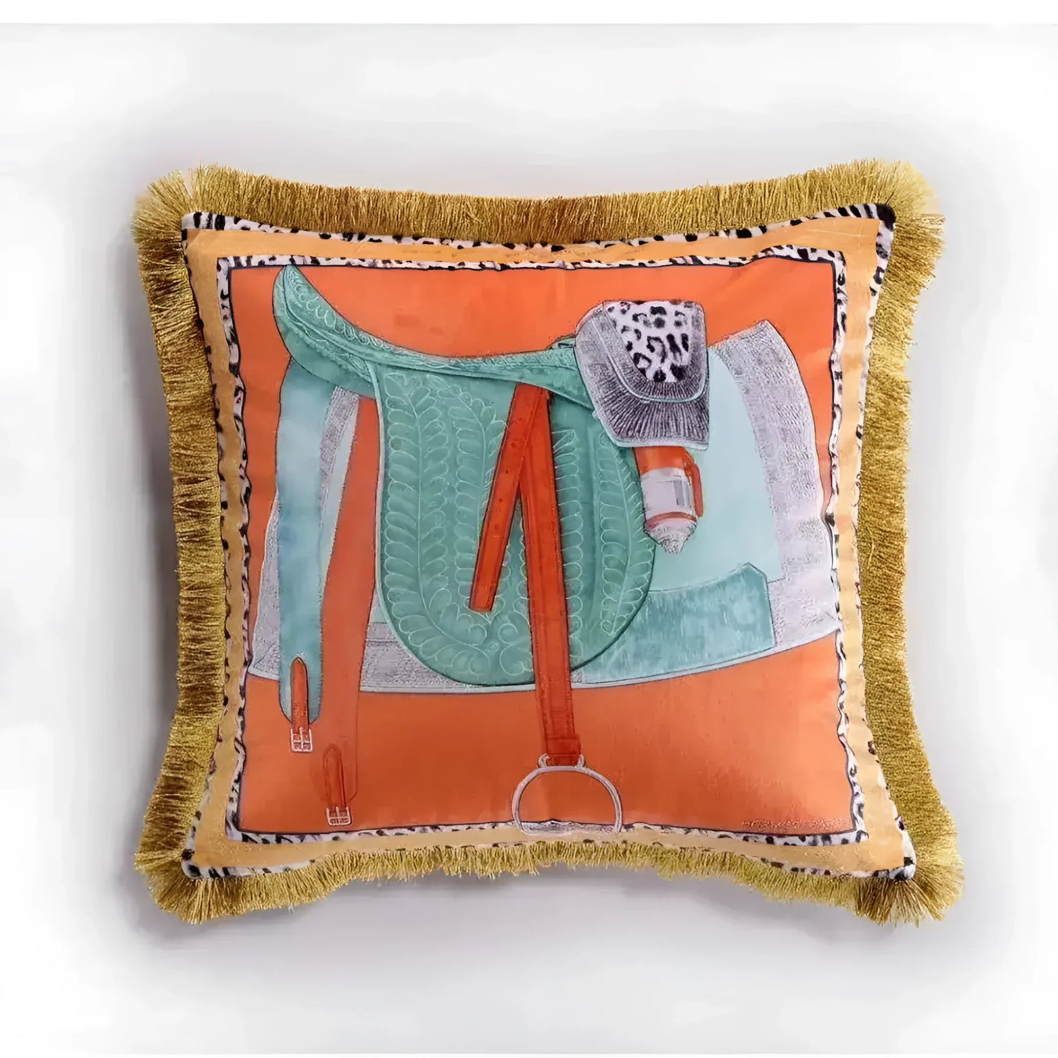 Decorative throw pillow featuring a horse saddle design with fringes, perfect for adding a pop of color and elegance to your home decor.
