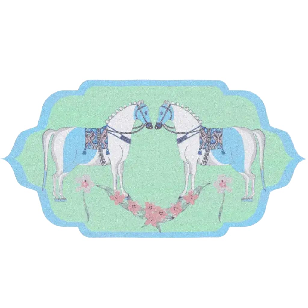 The Horses of Lovers Hand Tufted Area Rug features a charming design of two elegantly adorned horses facing each other, surrounded by delicate floral accents. This wool rug is perfect for adding a touch of boho flair to your dining room or as a large area rug in your living room and dining room spaces.