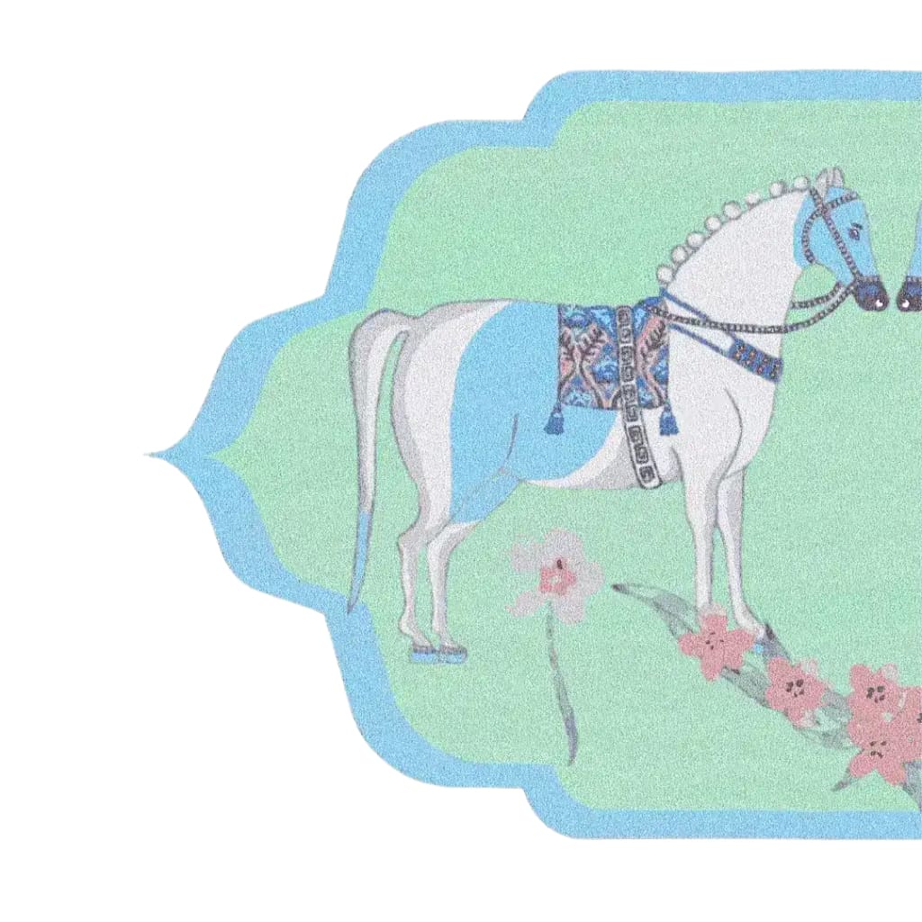 This vibrant hand-tufted wool rug, titled 'Horses of Lovers', features a beautifully detailed horse design with intricate patterns, perfect for adding a touch of elegance to your dining room or living room. This large area rug, with its boho flair, not only enhances the aesthetic appeal but also offers a cozy feel, making it an ideal choice for large area rugs for the living room.