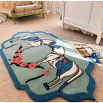 Charming Horses of Lovers Hand Tufted Area Rug displayed in a cozy living room setting. This wool rug features an artistic horse design with vibrant colors, perfect for adding a boho touch to dining rooms or as a large area rug for living rooms.