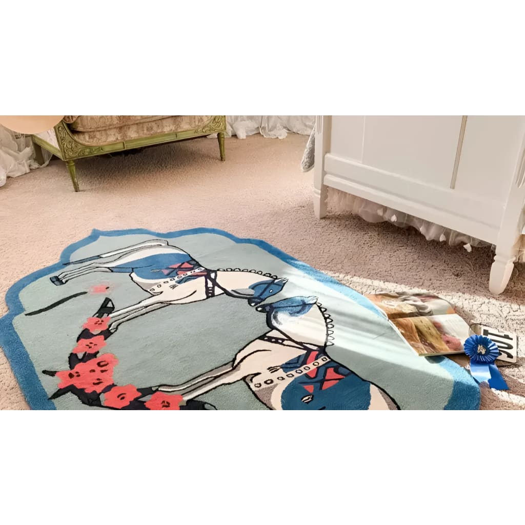 A stylish hand-tufted area rug featuring a unique horse design, perfect for adding a boho touch to your dining room or living room. This wool rug showcases bold colors and intricate patterns, making it an ideal large area rug for any space.