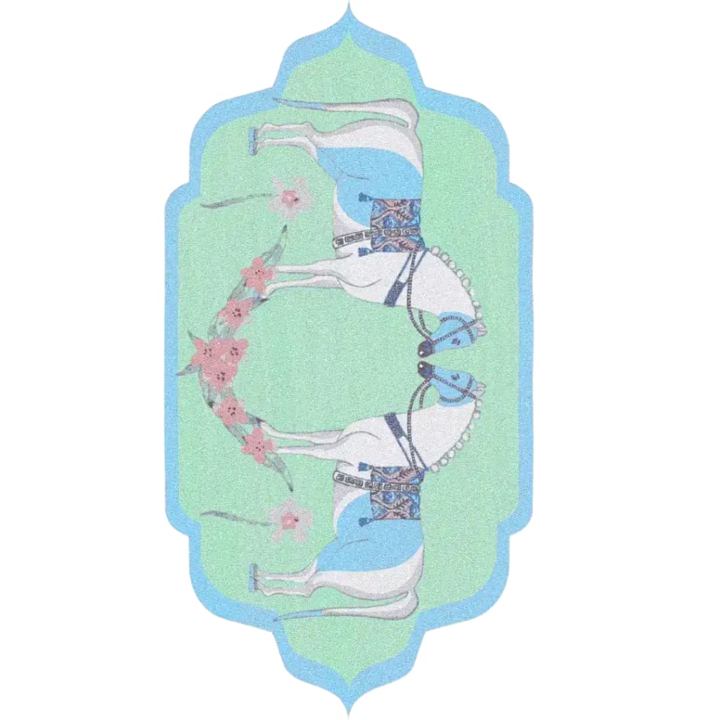 Beautiful hand-tufted area rug featuring an artistic depiction of two horses surrounded by floral motifs. This wool rug, perfect for both living room and dining room spaces, offers a boho vibe with its intricate design. Ideal for those looking for large area rugs to enhance their decor.