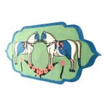 Beautiful hand-tufted area rug featuring a boho design with two stylized horses in blue and white on a green background, perfect for adding a unique touch to your dining room or living room. This large wool rug brings an artistic flair to any space, making it an ideal choice for those seeking large area rugs for living room and dining room settings.