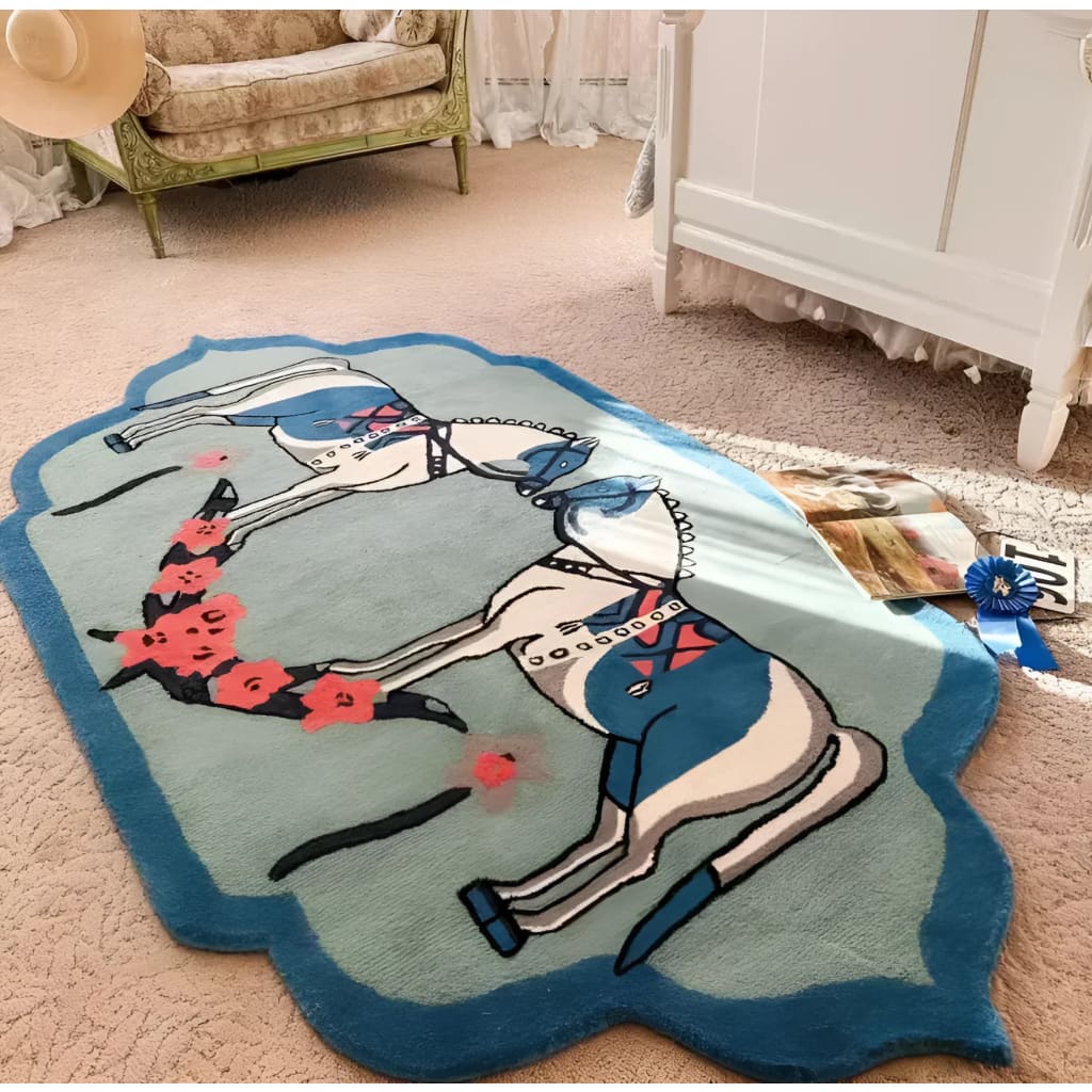 Charming Horses of Lovers Hand Tufted Area Rug displayed in a cozy living room setting. This wool rug features an artistic horse design with vibrant colors, perfect for adding a boho touch to dining rooms or as a large area rug for living rooms.