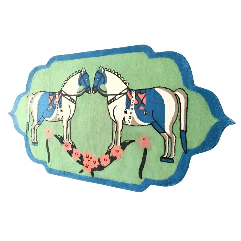 Stylish hand-tufted area rug featuring an artistic depiction of two horses with decorative detailing, set against a vibrant green and blue background. Ideal for adding a boho touch to dining rooms, living rooms, or as a large area rug centerpiece.
