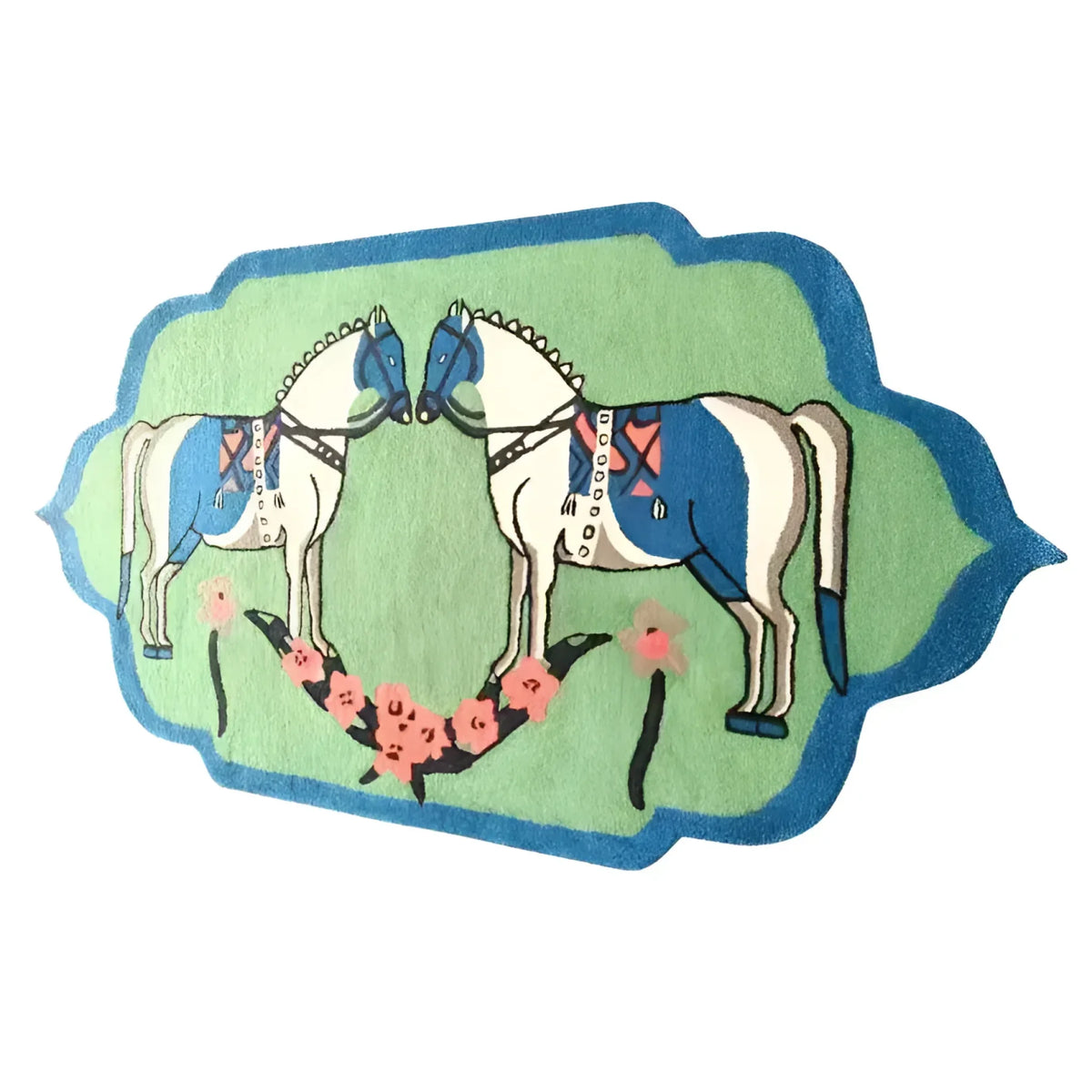 Stylish hand-tufted area rug featuring an artistic depiction of two horses with decorative detailing, set against a vibrant green and blue background. Ideal for adding a boho touch to dining rooms, living rooms, or as a large area rug centerpiece.