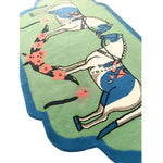 Brightly colored hand-tufted area rug featuring an artistic design of horses with floral accents, perfect for adding a boho touch to your dining room or living room. This large wool rug is ideal for creating a cozy atmosphere with its vibrant and unique pattern.