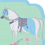 A beautifully designed hand-tufted wool rug featuring an artistic depiction of a horse with a blue and white color scheme. This large area rug is perfect for adding a boho touch to your dining room or living room, blending style and comfort seamlessly.