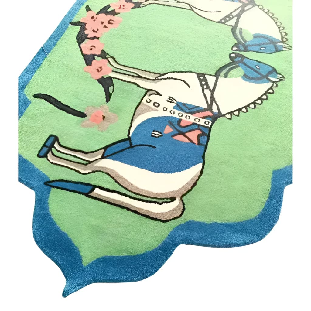A vibrant hand-tufted rug with a whimsical horse design, featuring a play of green, blue, and floral accents. Perfect for adding a boho touch to large area rugs in dining rooms or living rooms, crafted from high-quality wool.