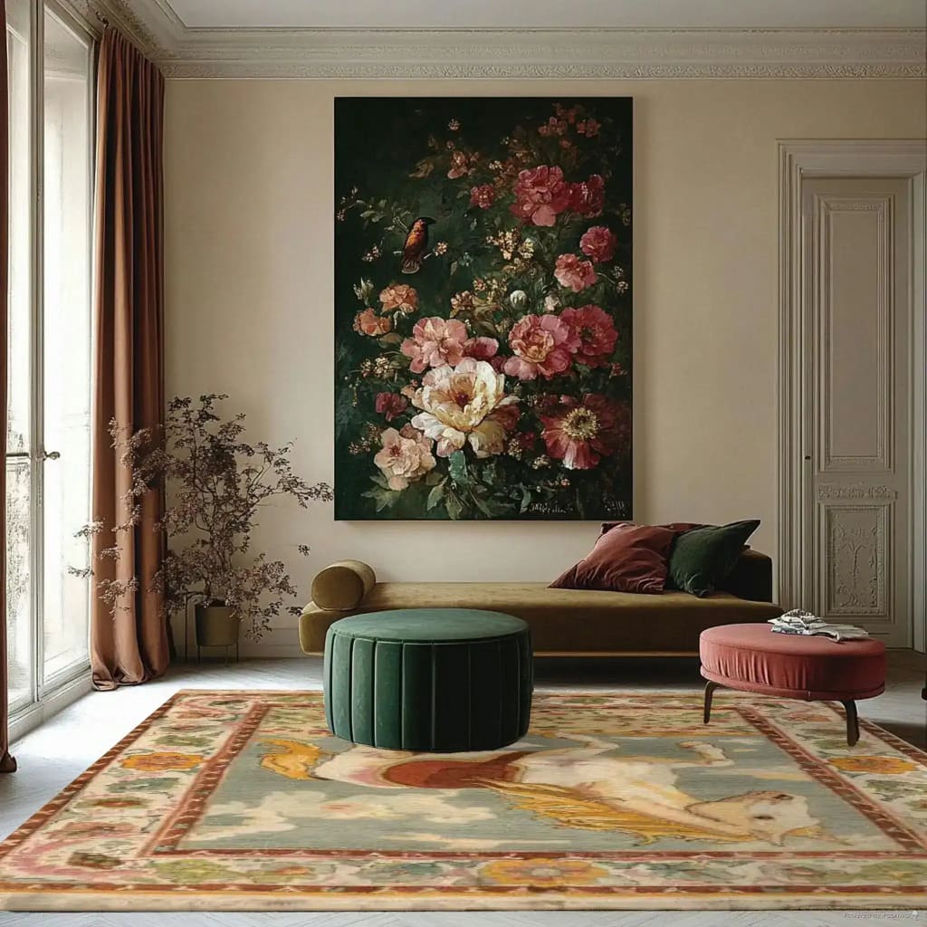 A beautifully decorated living room showcasing the Horsing Haven Hand Knotted Area Rug, a perfect addition to any office or home space. This wool rug, with its vintage Persian design, adds elegance and warmth to the room. The large area rug features intricate patterns, making it an ideal choice for those seeking office rugs with a touch of classic sophistication.