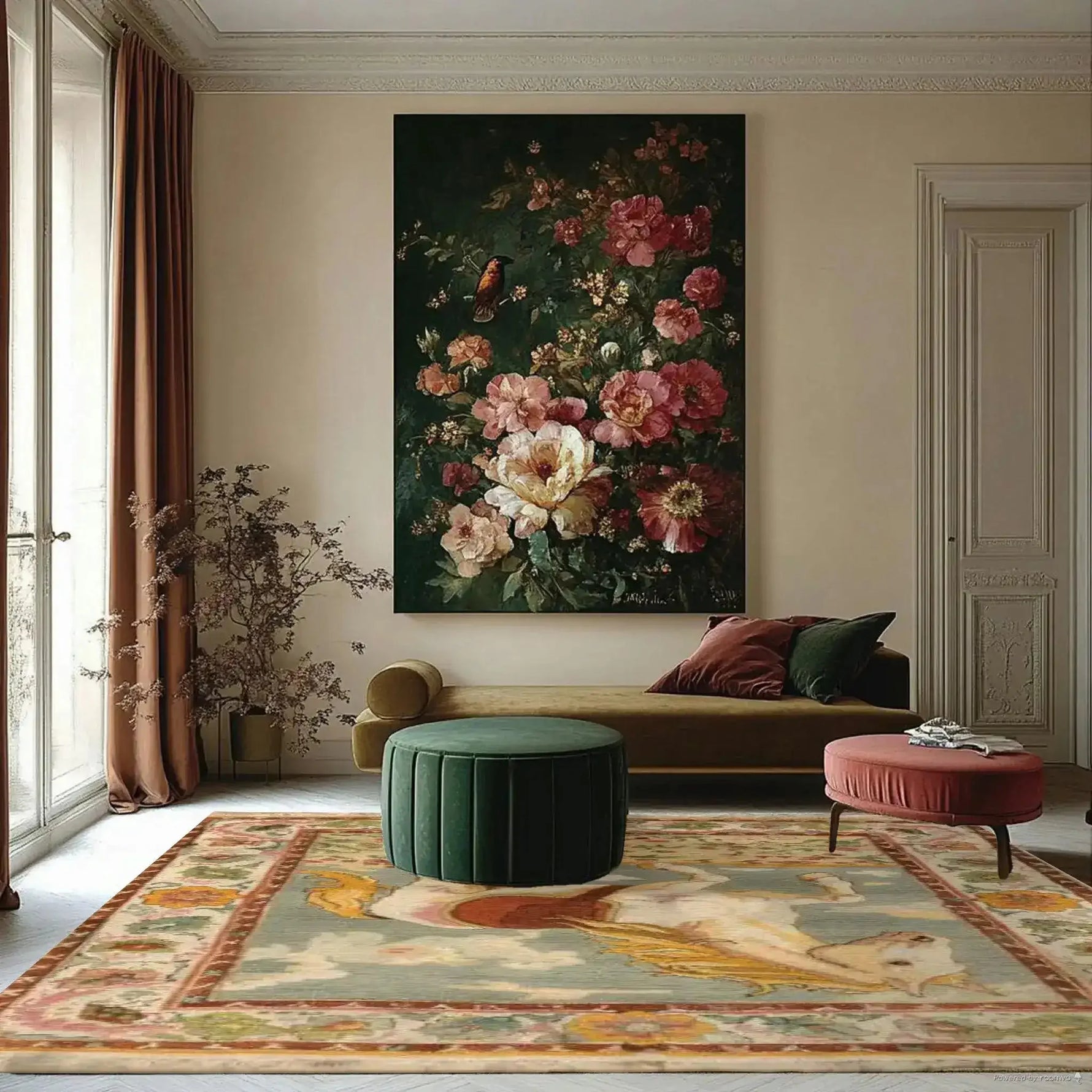 A beautifully decorated living room showcasing the Horsing Haven Hand Knotted Area Rug, a perfect addition to any office or home space. This wool rug, with its vintage Persian design, adds elegance and warmth to the room. The large area rug features intricate patterns, making it an ideal choice for those seeking office rugs with a touch of classic sophistication.