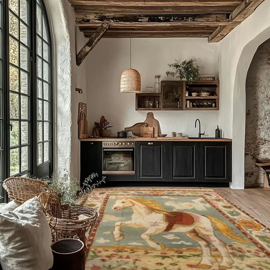A beautifully hand-knotted area rug with a vintage design featuring a majestic horse, perfect for adding a touch of elegance to an office setting. This wool rug is ideal for those seeking large area rugs that blend Persian rug aesthetics with modern office décor.