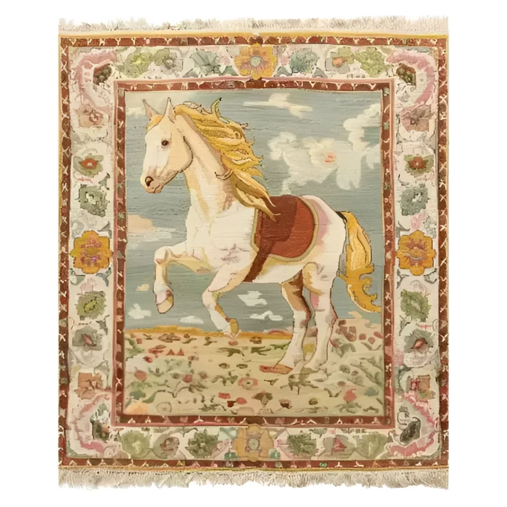 The Horsing Haven Hand Knotted Area Rug showcases a charming vintage design featuring a majestic white horse with a flowing mane, set against a sky blue backdrop with clouds. This wool rug is perfect for adding a touch of elegance to any office space, blending the timeless appeal of Persian rugs with the practicality of large area rugs. Ideal for those seeking unique rugs for office decor.