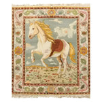 The Horsing Haven Hand Knotted Area Rug showcases a charming vintage design featuring a majestic white horse with a flowing mane, set against a sky blue backdrop with clouds. This wool rug is perfect for adding a touch of elegance to any office space, blending the timeless appeal of Persian rugs with the practicality of large area rugs. Ideal for those seeking unique rugs for office decor.