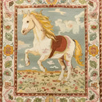 The Horsing Haven Hand Knotted Area Rug showcases a beautiful vintage design featuring a majestic horse set against a vibrant backdrop. This wool rug, ideal for office spaces, brings a touch of Persian elegance with its intricate floral border and large area design. Perfect for those seeking stylish and durable office rugs.