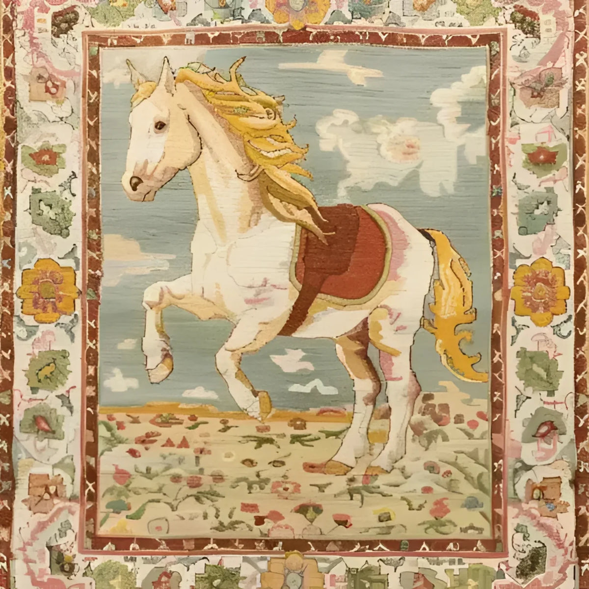 The Horsing Haven Hand Knotted Area Rug showcases a beautiful vintage design featuring a majestic horse set against a vibrant backdrop. This wool rug, ideal for office spaces, brings a touch of Persian elegance with its intricate floral border and large area design. Perfect for those seeking stylish and durable office rugs.