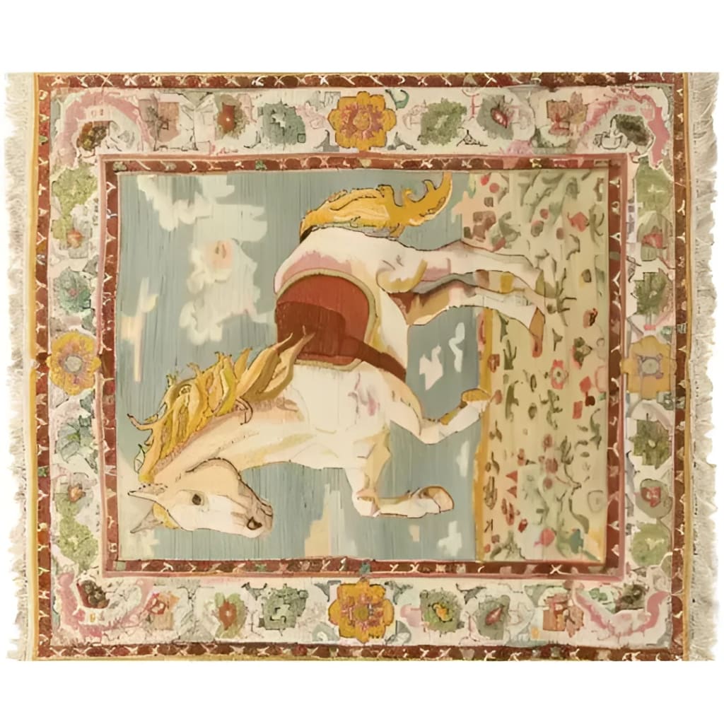 The Horsing Haven Hand Knotted Area Rug features an elegant horse design, capturing a vintage charm perfect for office settings. This wool rug showcases intricate patterns inspired by Persian rugs, ideal for those seeking large area rugs with a classic touch.