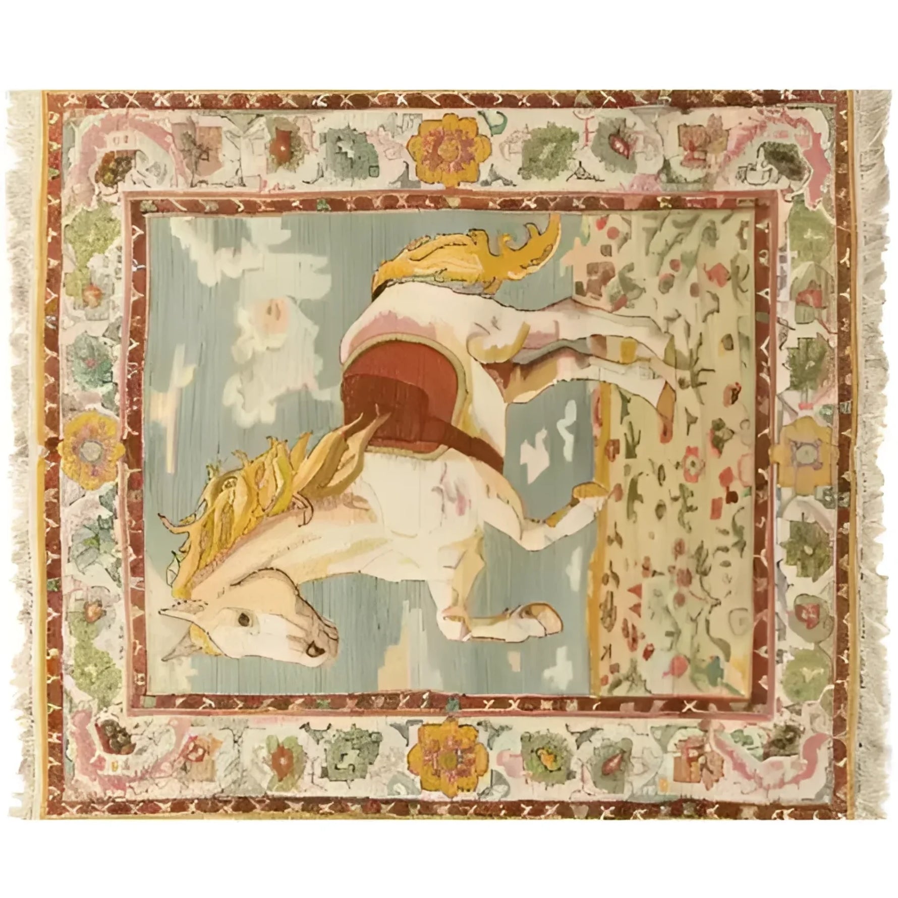 The Horsing Haven Hand Knotted Area Rug features an elegant horse design, capturing a vintage charm perfect for office settings. This wool rug showcases intricate patterns inspired by Persian rugs, ideal for those seeking large area rugs with a classic touch.