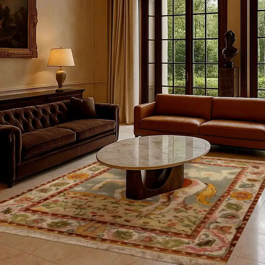 Elegant living room featuring the Horsing Haven Hand Knotted Area Rug. This vintage-style wool rug, with its intricate Persian design, adds a touch of sophistication to office settings. Perfect as a large area rug, it complements the classic furniture, creating a warm and inviting space ideal for office or home use.