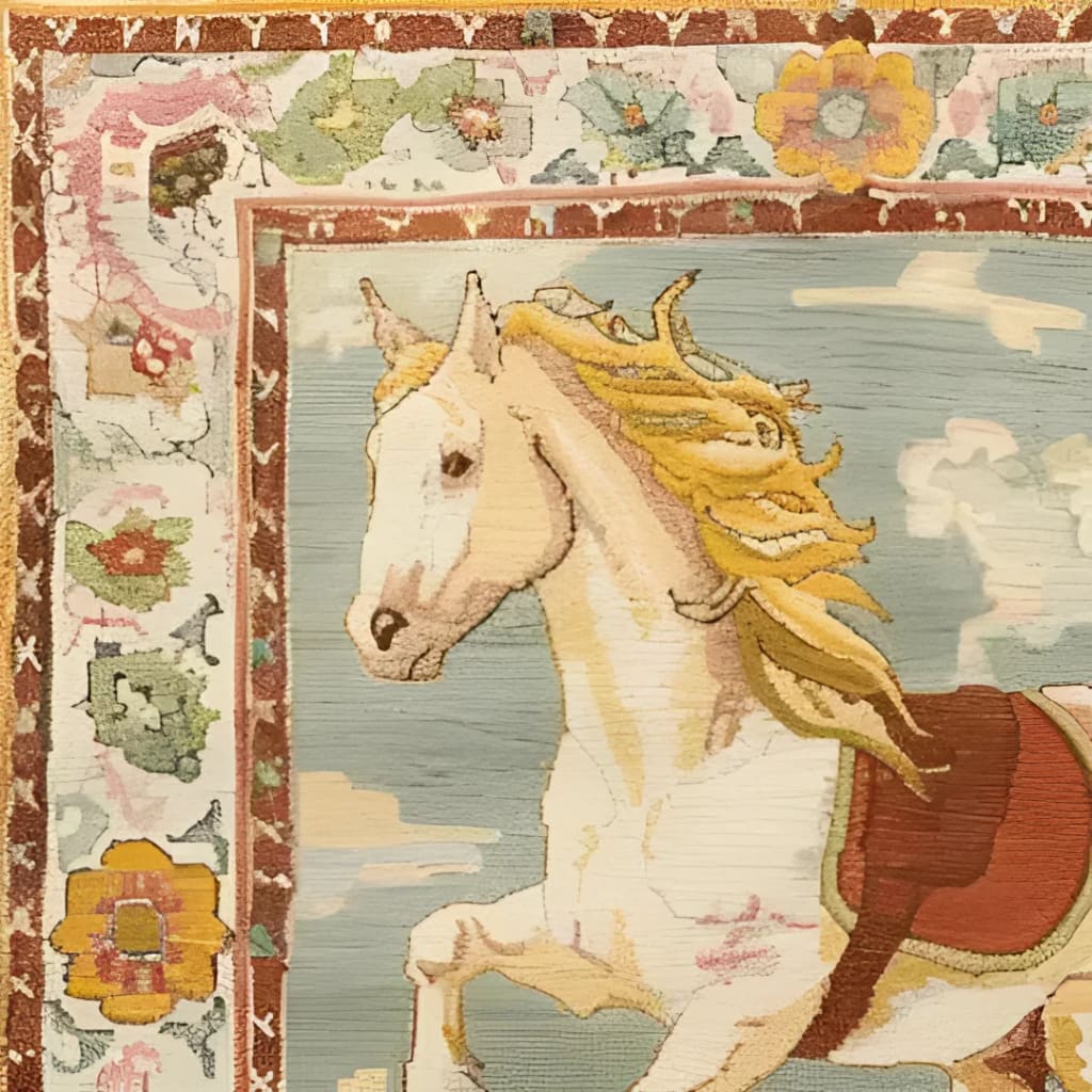 Close-up of the Horsing Haven Hand Knotted Area Rug showcasing a detailed image of a galloping horse, surrounded by vibrant floral patterns. This vintage wool rug is perfect for adding a touch of elegance to any office space. Ideal for those seeking large area rugs or Persian rugs to enhance their office decor.