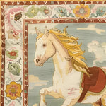 Close-up of the Horsing Haven Hand Knotted Area Rug showcasing a detailed image of a galloping horse, surrounded by vibrant floral patterns. This vintage wool rug is perfect for adding a touch of elegance to any office space. Ideal for those seeking large area rugs or Persian rugs to enhance their office decor.