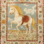 The Horsing Haven Hand Knotted Area Rug showcases a beautiful vintage design featuring a majestic horse set against a vibrant backdrop. This wool rug, ideal for office spaces, brings a touch of Persian elegance with its intricate floral border and large area design. Perfect for those seeking stylish and durable office rugs.