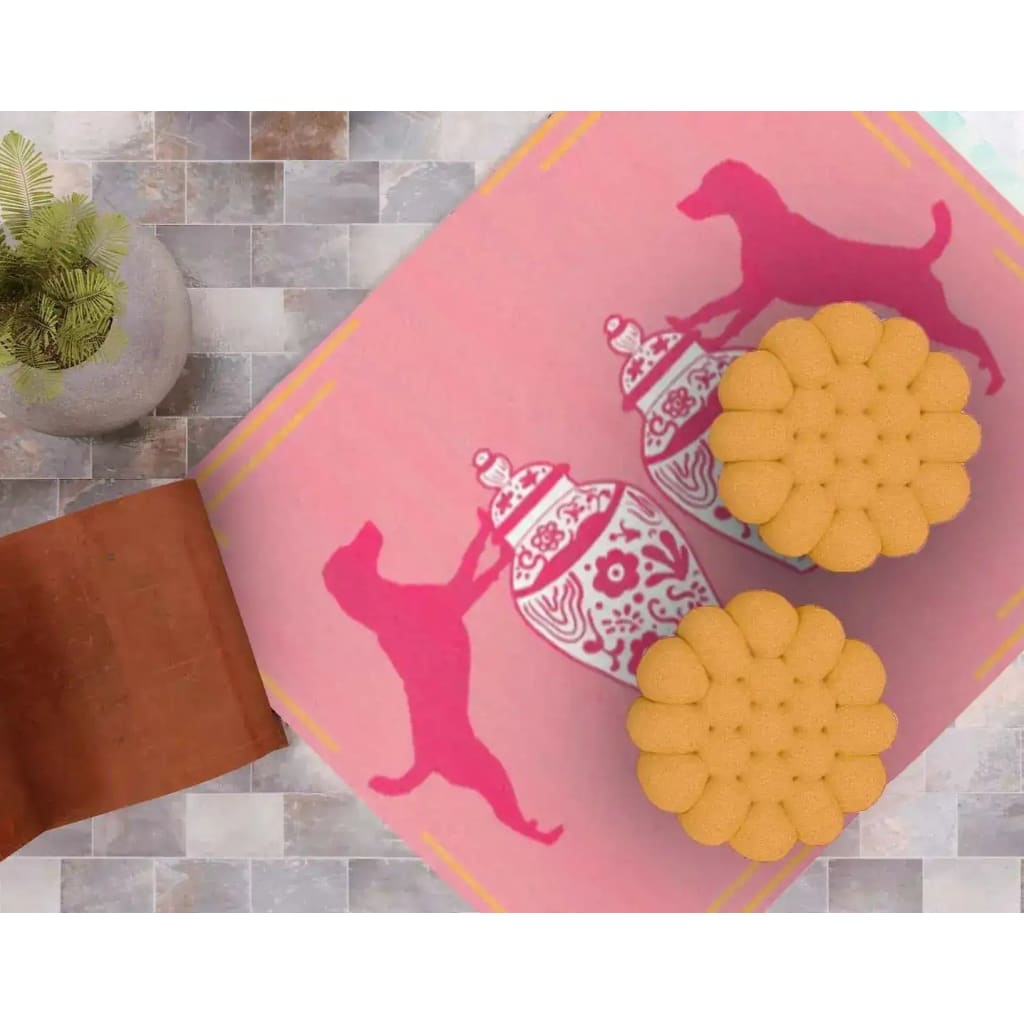 Charming area rug featuring playful dog silhouettes and intricate jar designs, perfect for adding a touch of whimsy to your living room. This wool rug brings a boho vibe and warmth, making it an ideal choice for those seeking stylish area rugs for living room decor.