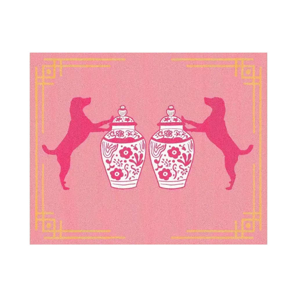 Charming area rug featuring a playful design of two dogs standing on their hind legs next to intricately patterned jars. The rug's pink background and yellow decorative border add a boho touch, making it perfect for living room decor. This wool rug combines style and warmth, ideal for those seeking unique area rugs for the living room.