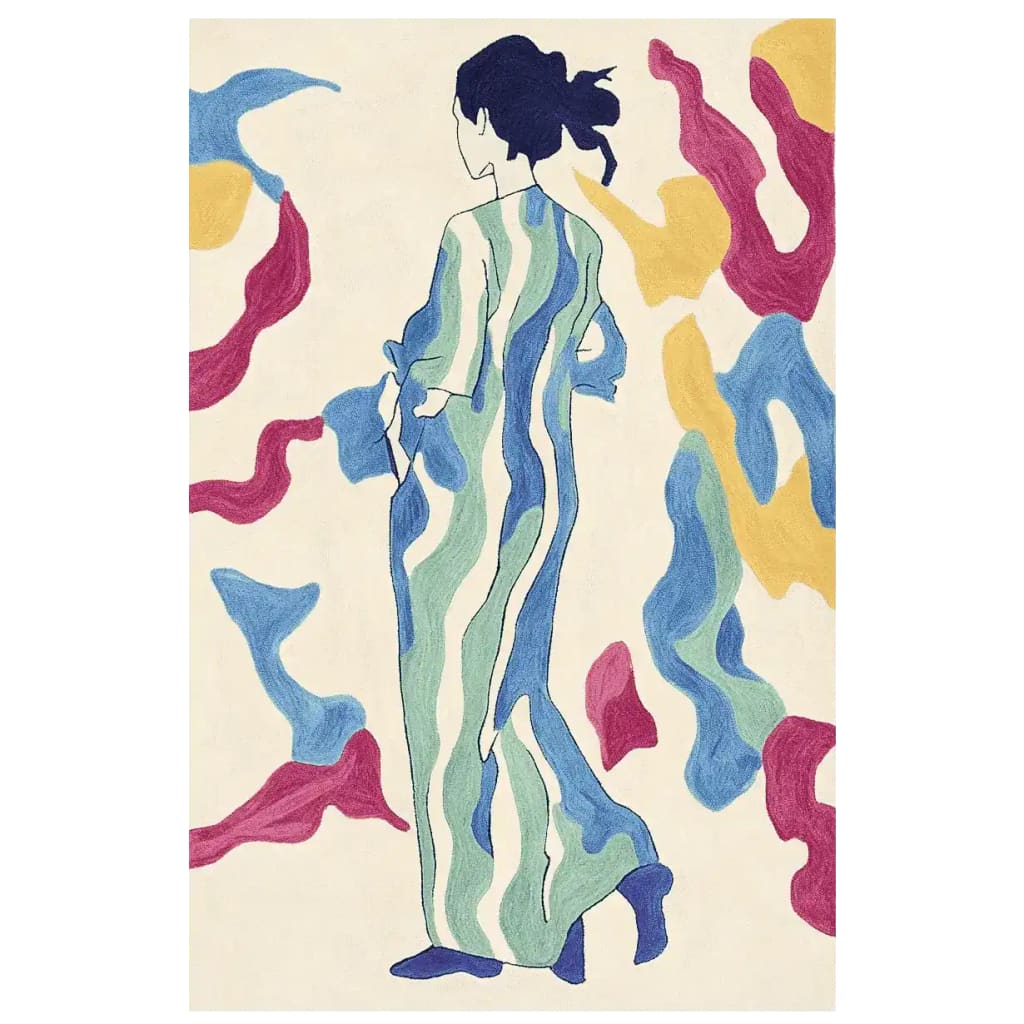 A vibrant wool area rug featuring a contemporary abstract design with a figure in flowing, multicolored stripes. This large living room rug showcases a blend of blue, green, yellow, and red hues, making it a stylish centerpiece for any modern home.