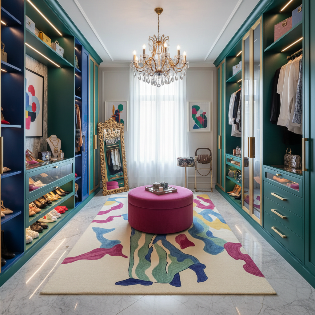 Luxurious walk-in closet with teal shelves, colorful rug, and chandelier.