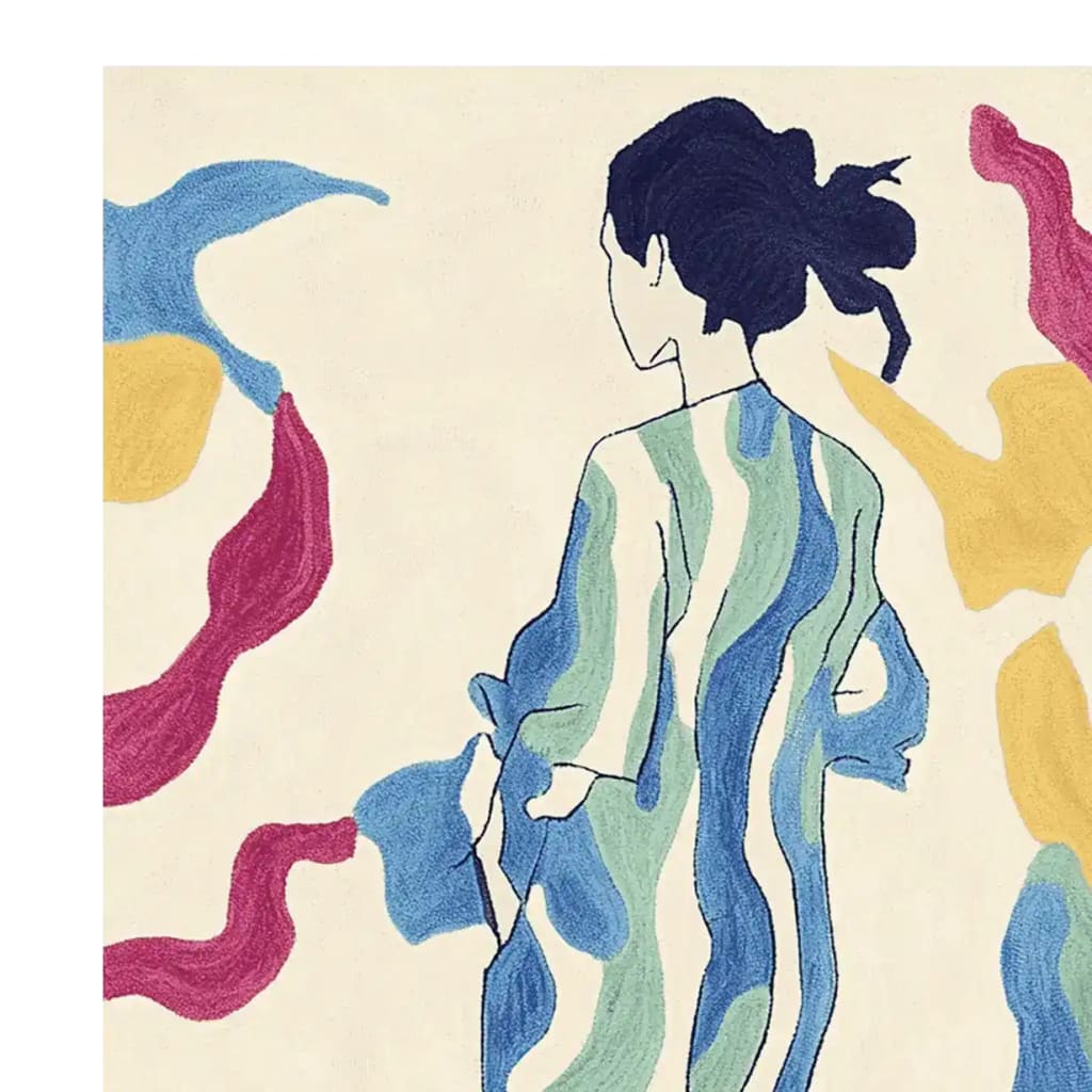 A contemporary area rug featuring a hand-tufted abstract design with a silhouette of a person surrounded by flowing colorful patterns. This wool rug is perfect for adding a modern touch to living room spaces, especially as a large living room rug.