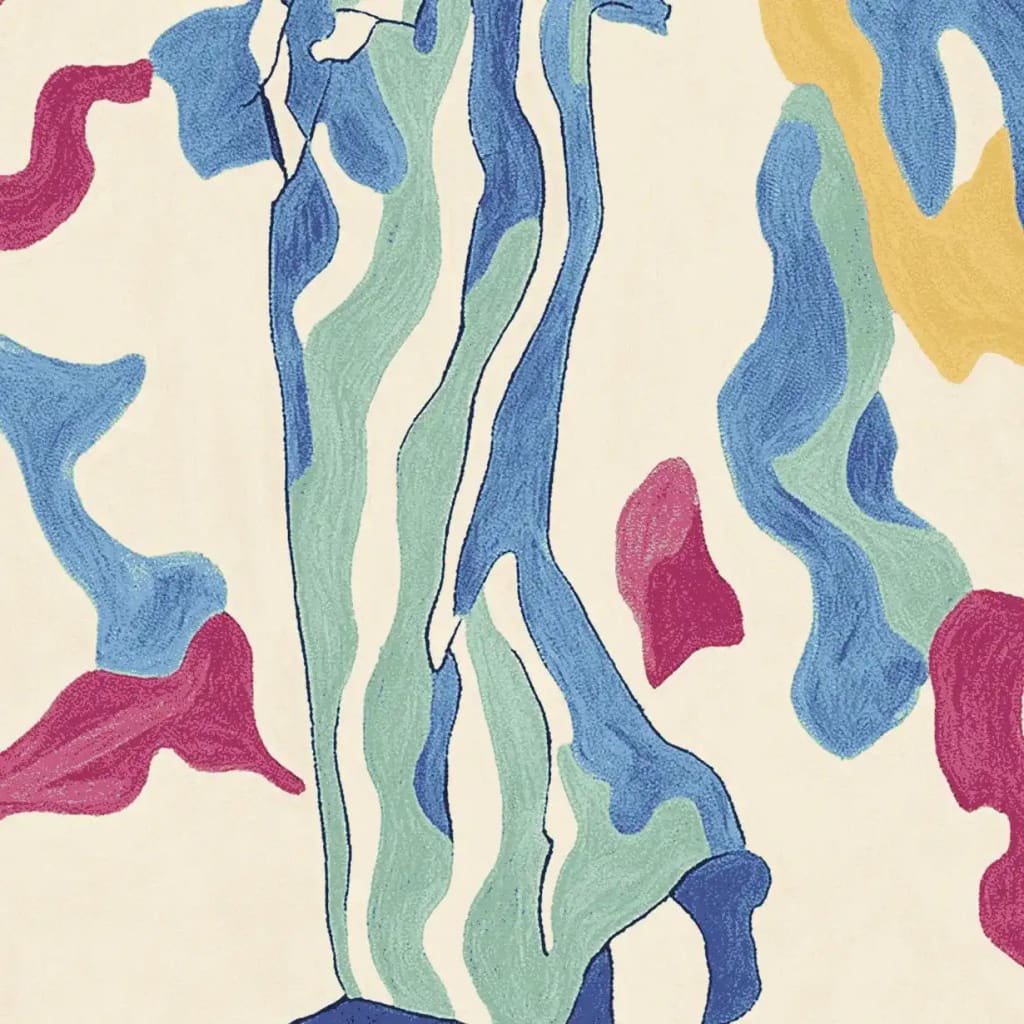 Close-up view of the Hue Flow Figure Hand Tufted Area Rug showcasing its vibrant, abstract design with flowing blue, green, red, and yellow patterns. This contemporary wool rug is perfect as a large living room rug, adding a splash of color and style to any space.