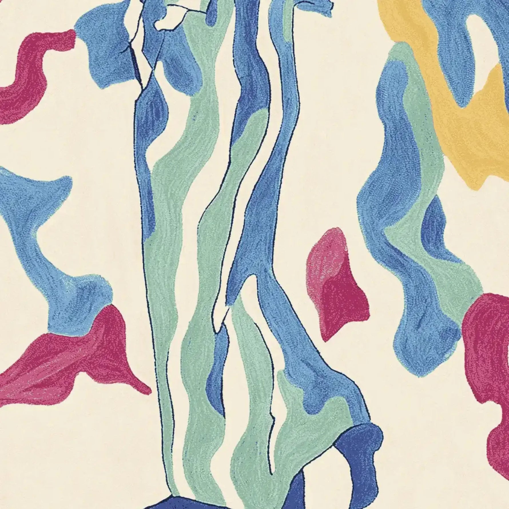 Close-up view of the Hue Flow Figure Hand Tufted Area Rug showcasing its vibrant, abstract design with flowing blue, green, red, and yellow patterns. This contemporary wool rug is perfect as a large living room rug, adding a splash of color and style to any space.