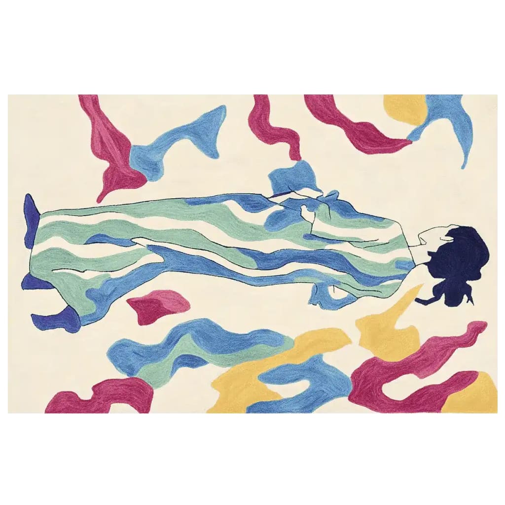 Explore this vibrant area rug featuring a contemporary design of abstract shapes and figures in colorful hues. This wool rug is perfect for adding a modern touch to your living room. Its large size makes it an ideal choice for spacious living areas.