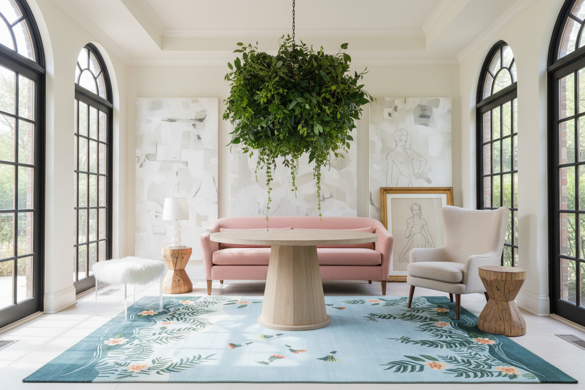 Modern living room with pink sofa, round table, and decorative blue rug.