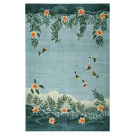 Beautiful Humming Haven Knotted Wool Rug showcasing a serene nature-inspired design. Perfect for adding elegance to living room area rugs, this large wool rug features colorful birds and floral patterns, making it an ideal choice for large living room rugs.